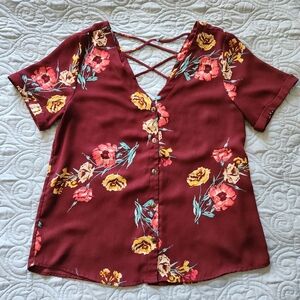 Burgundy Floral Button Up Blouse